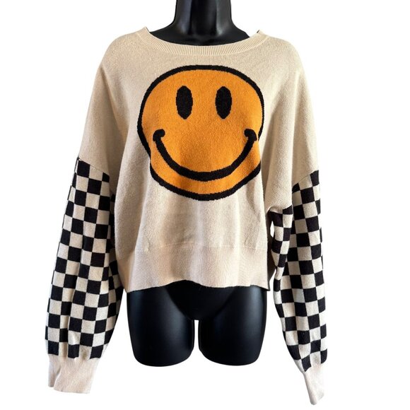 Originality Smiley Face Sweater XL Y2K Retro Checker Sleeves Beige Knit Pullover - Picture 1 of 6